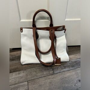 Lodi’s Rio Tote purse bag white, brown and taupe grey leather double handle.